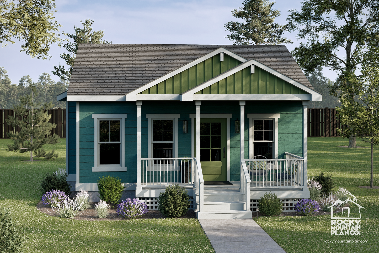 Front exterior of Aspen, a compact 588 sq. ft. Craftsman home with a covered porch and efficient layout.