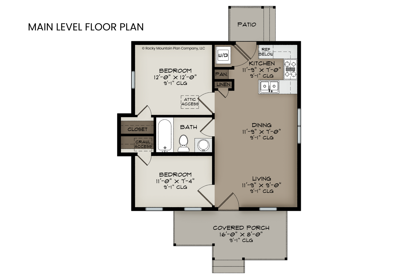 Aspen’s 588 sq. ft. floor plan featuring an open living area, two bedrooms, one bath, and a compact kitchen.