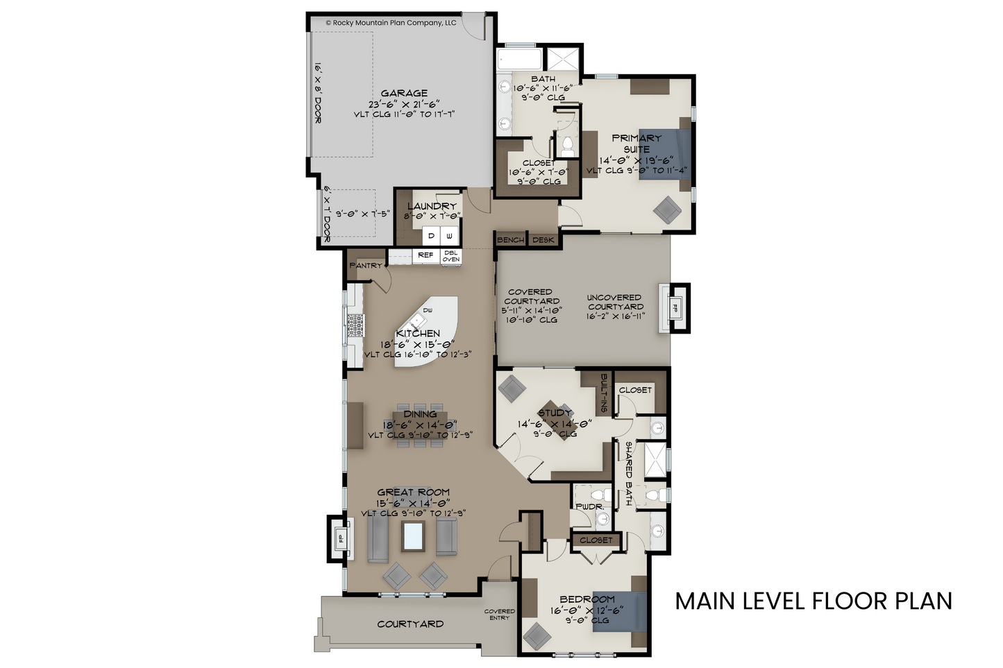 2,321 sq ft single-level layout — 3 bedrooms (one as office), 2.5 baths, vaulted great room/kitchen/dining, courtyard with outdoor fireplace