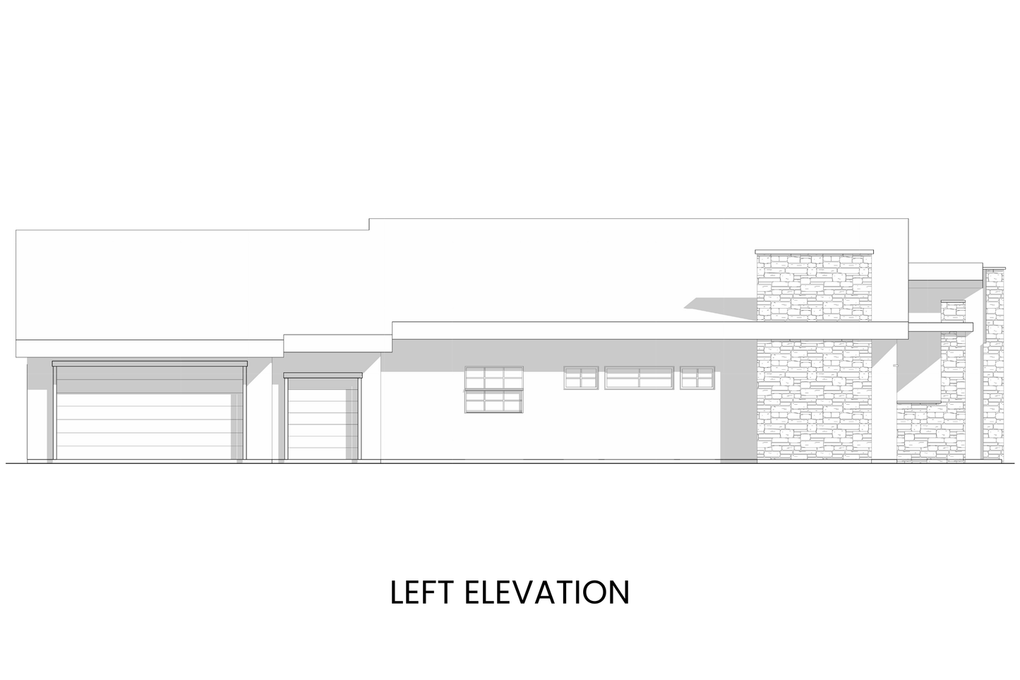 Left elevation highlighting modern massing and one-level profile