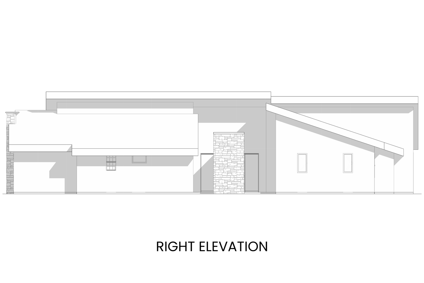Right elevation with large sliders from great room to 354 sq ft courtyard and outdoor fireplace