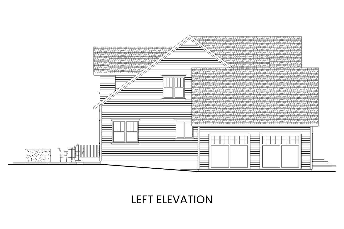 Left side elevation of Mystic Lake displaying the two-car side-load garage and architectural details of the farmhouse design.