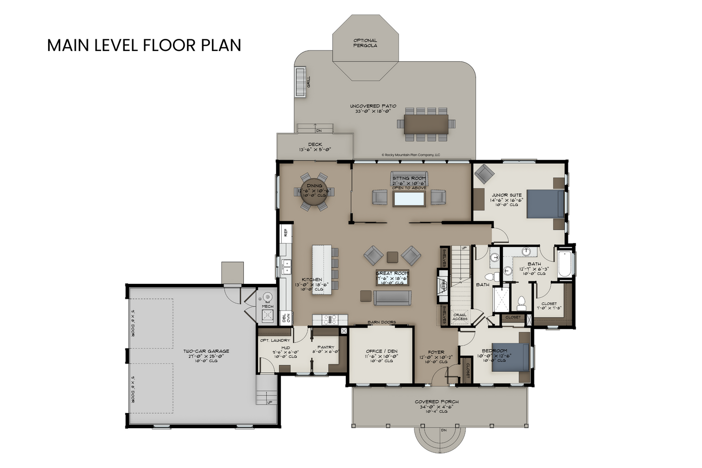 Main level floor plan of Mystic Lake featuring the great room, junior suite, additional bedroom, kitchen, and vaulted sitting room layout.