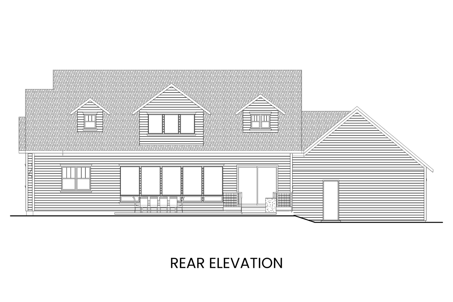 Rear elevation of Mystic Lake highlighting the large patio, screened sitting room, and outdoor living spaces.