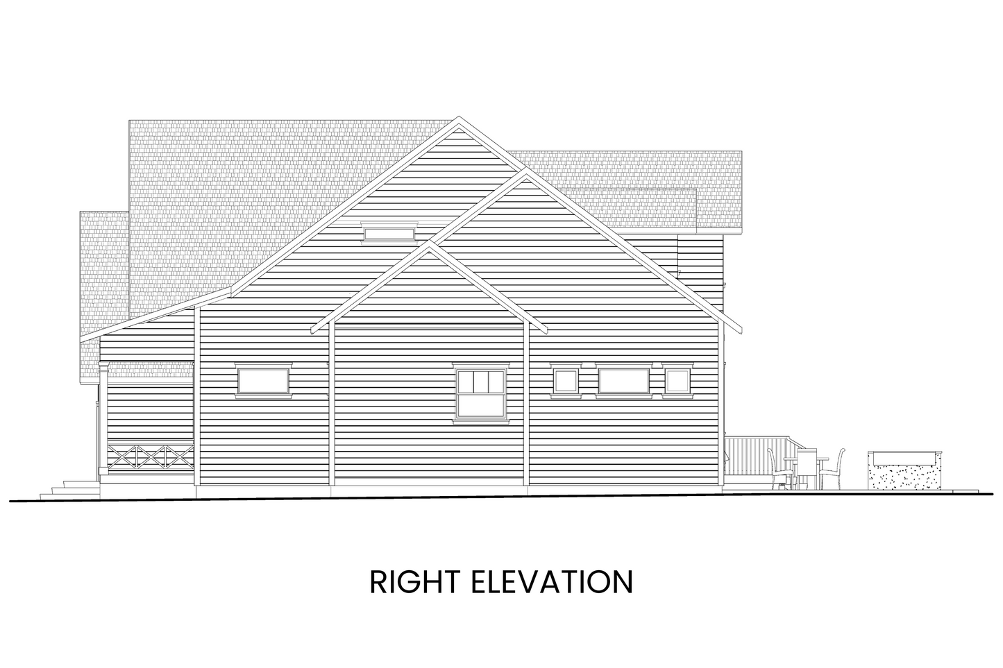Right side elevation of Mystic Lake showing the home's elegant rooflines and windows for natural light.