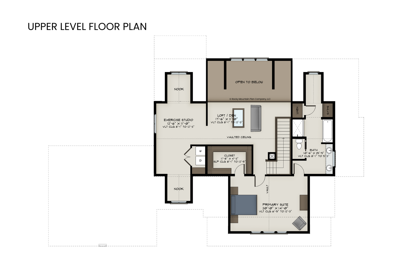 Upper level floor plan of Mystic Lake showcasing the primary suite, loft area, exercise studio, and additional flexible living spaces.