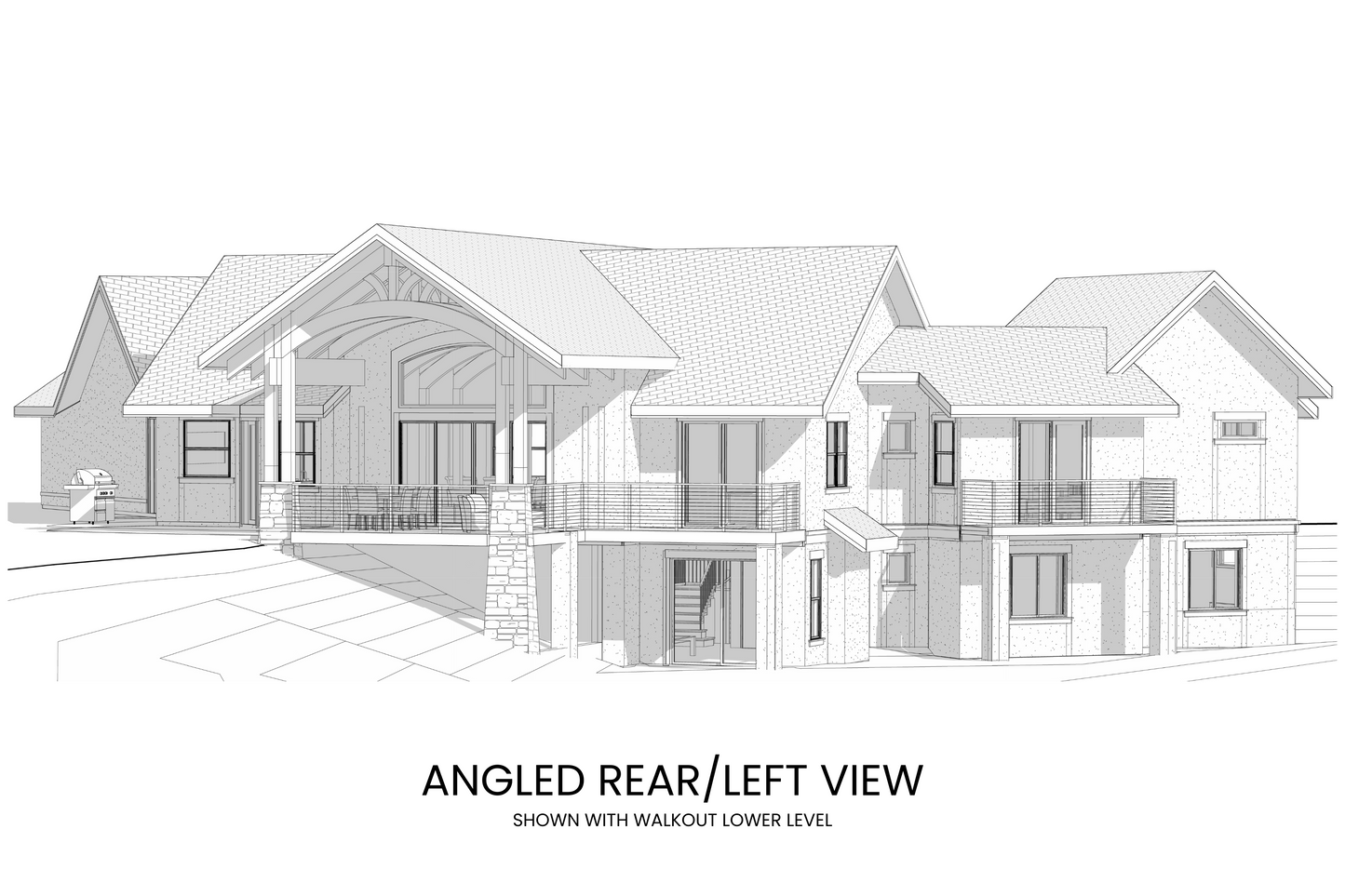 Angled view of Abrams Mountain from the rear showcasing the covered deck and expansive windows for panoramic views.
