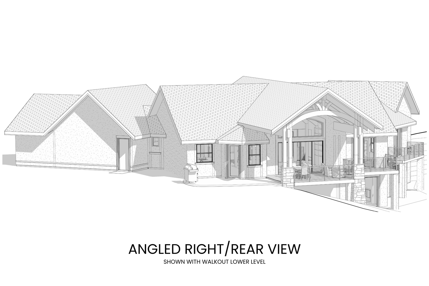 Angled view of Abrams Mountain highlighting the spacious deck, timber trusses, and the integration with the natural surroundings.