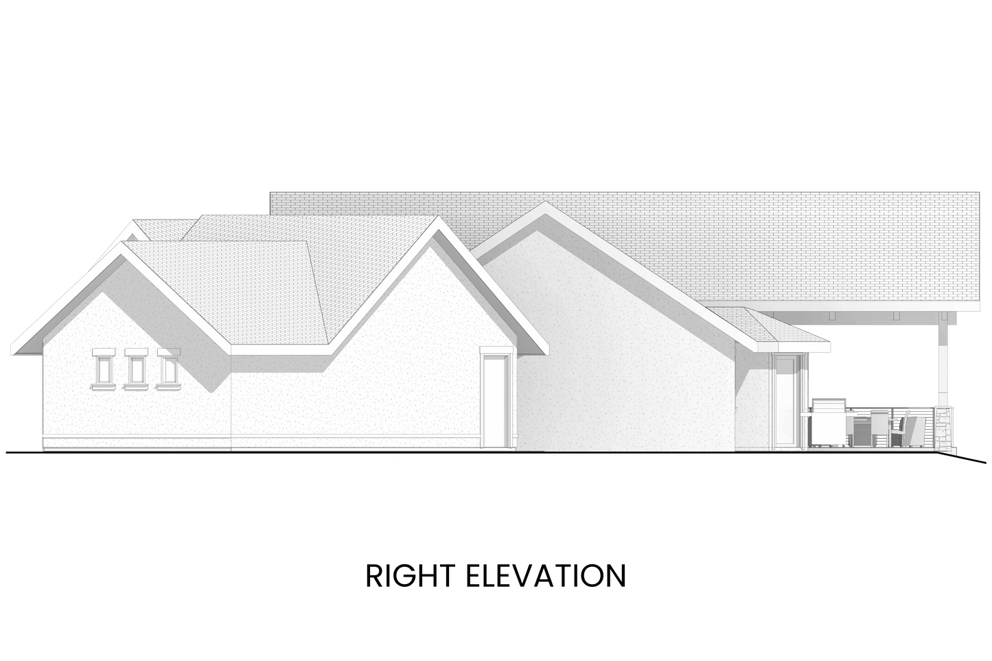 Left side elevation of Abrams Mountain with a focus on the angled three-car garage and covered deck access.