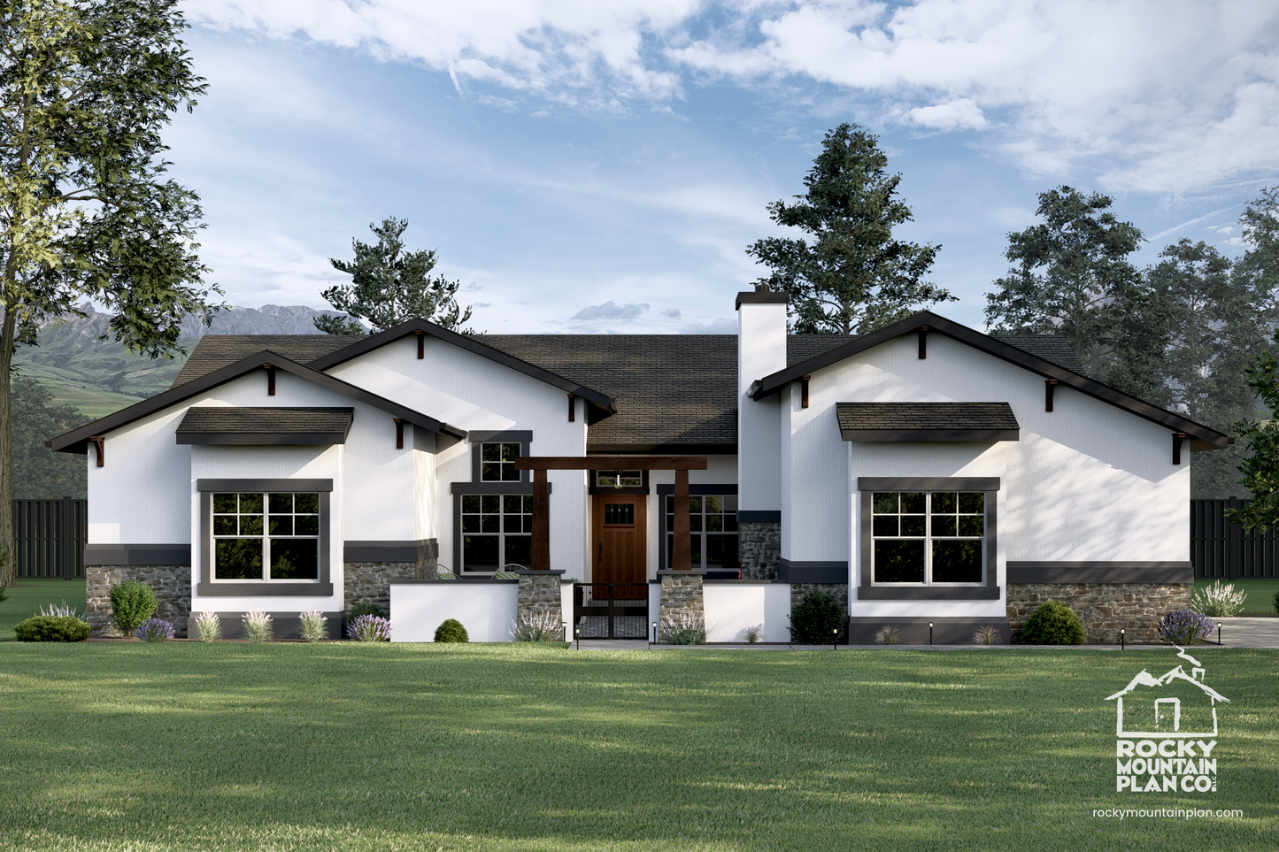 Exterior view of Annette Lake, a modern Craftsman-style single-level home with a gated courtyard and elegant detailing.