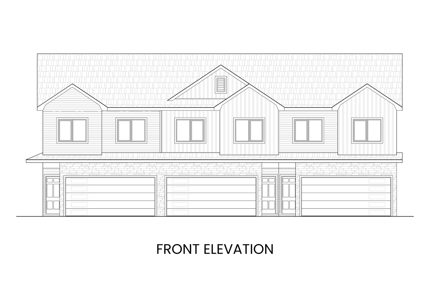 Front architectural details showcasing Modern Farmhouse elements and 2-car garages of townhouse plan.