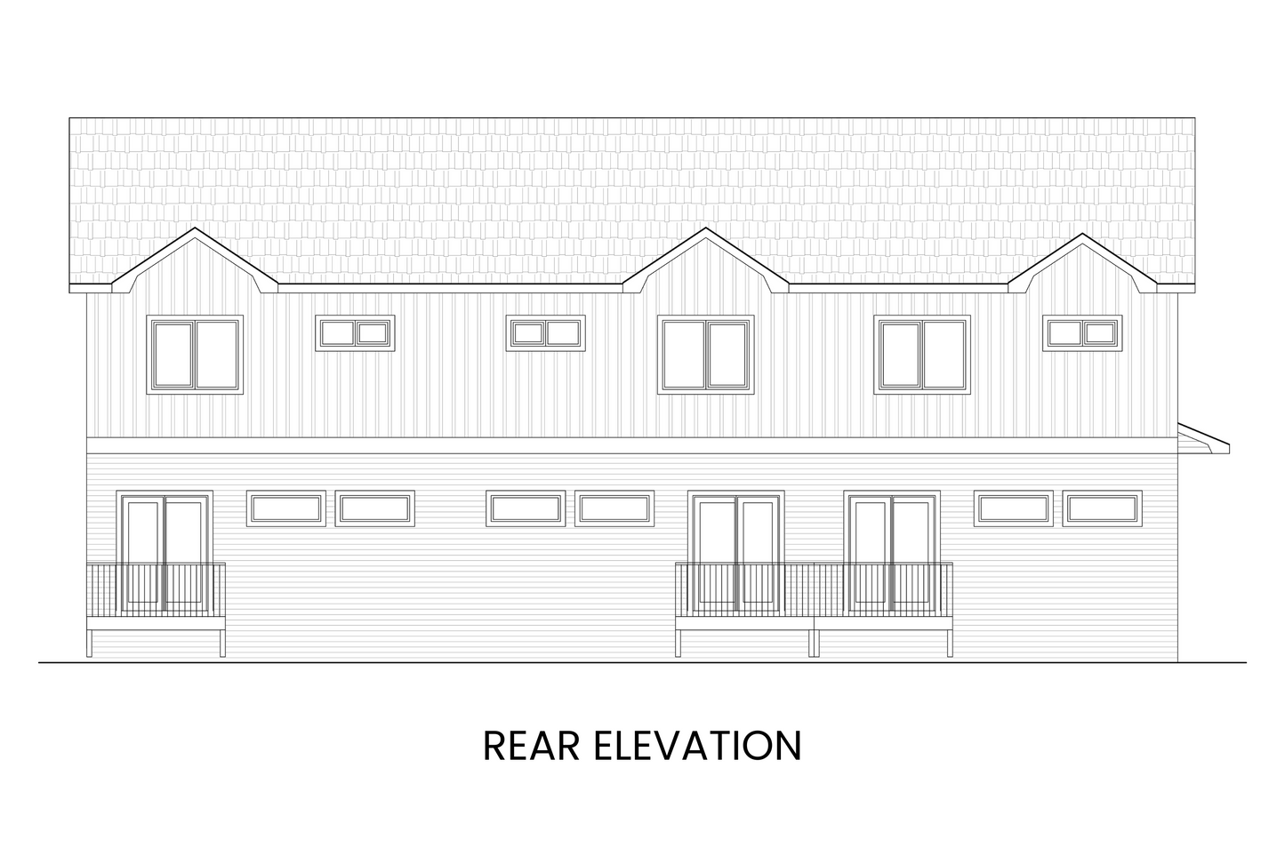 Rear view highlighting sliding glass doors, decks, and outdoor living of Modern Farmhouse townhome plan.
