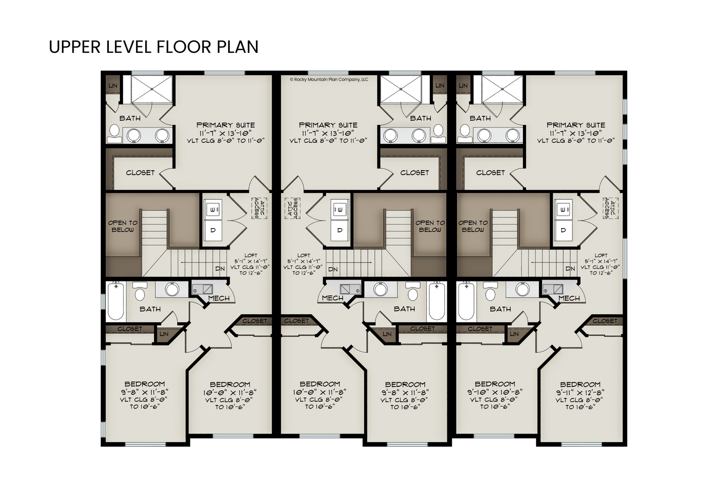 Detailed layout of the upper level floor plan of a modern townhome with three bedrooms and vaulted ceilings.