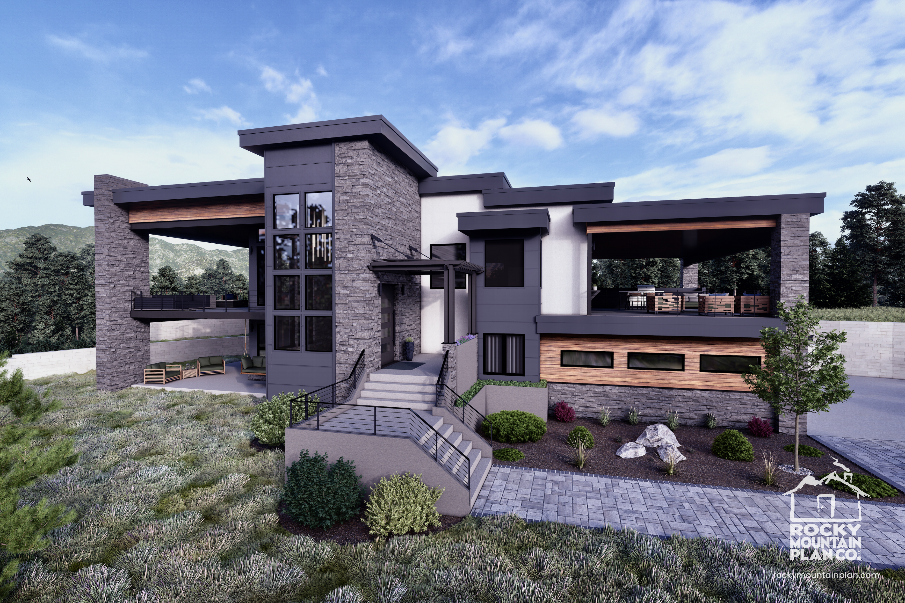 Luxury mountain modern home with stone and wood exterior, high ceilings, and spacious outdoor living — custom-quality design for scenic settings.