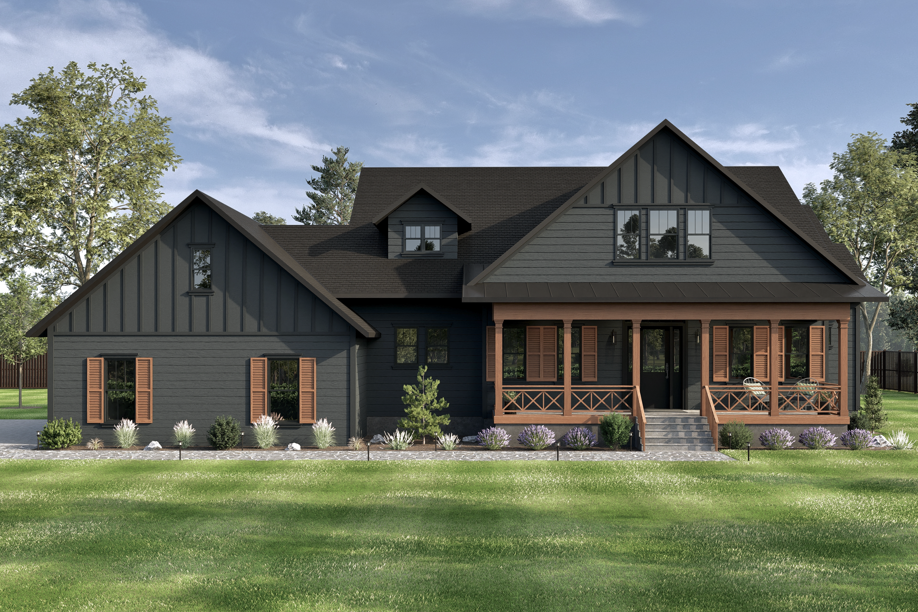 Modern farmhouse with board and batten siding, metal roof, and covered front porch — ideal blend of classic charm and modern design.