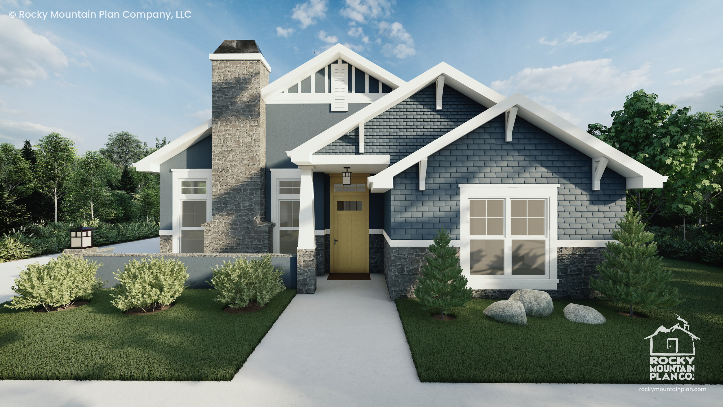 One-story Craftsman-style home with gabled roof, stone columns, and a deep front porch — classic design with rich detailing.