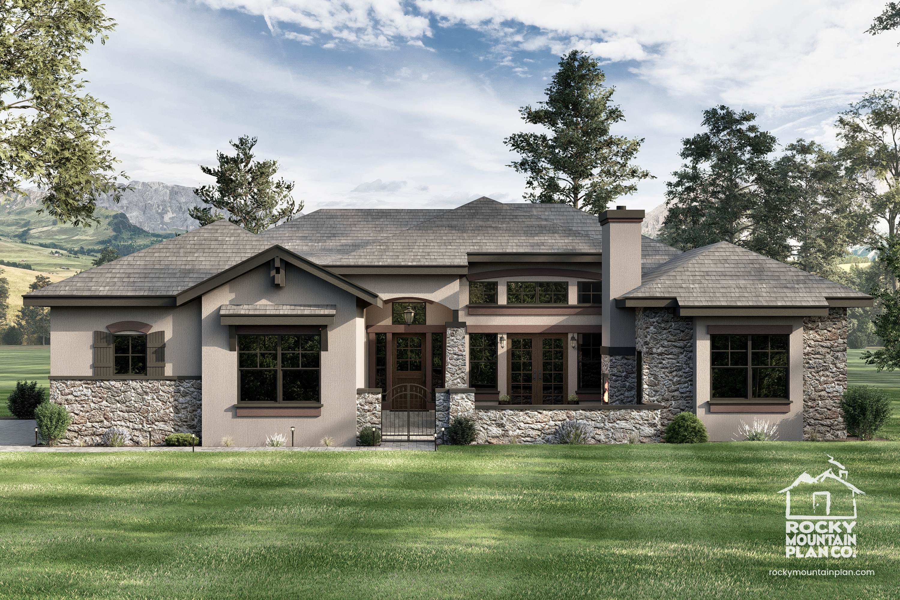 Tuscan-style home with arched windows, stone exterior, and elegant courtyard — inspired by European architecture.