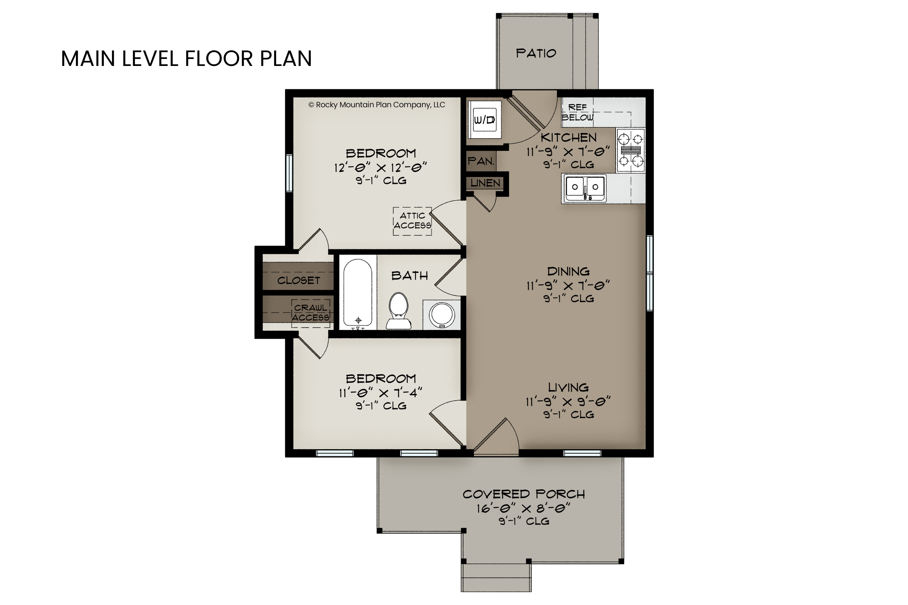 Aspen’s 588 sq. ft. floor plan featuring an open living area, two bedrooms, one bath, and a compact kitchen.