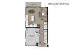 Open-concept kitchen, dining, and living area with powder room and patio access.