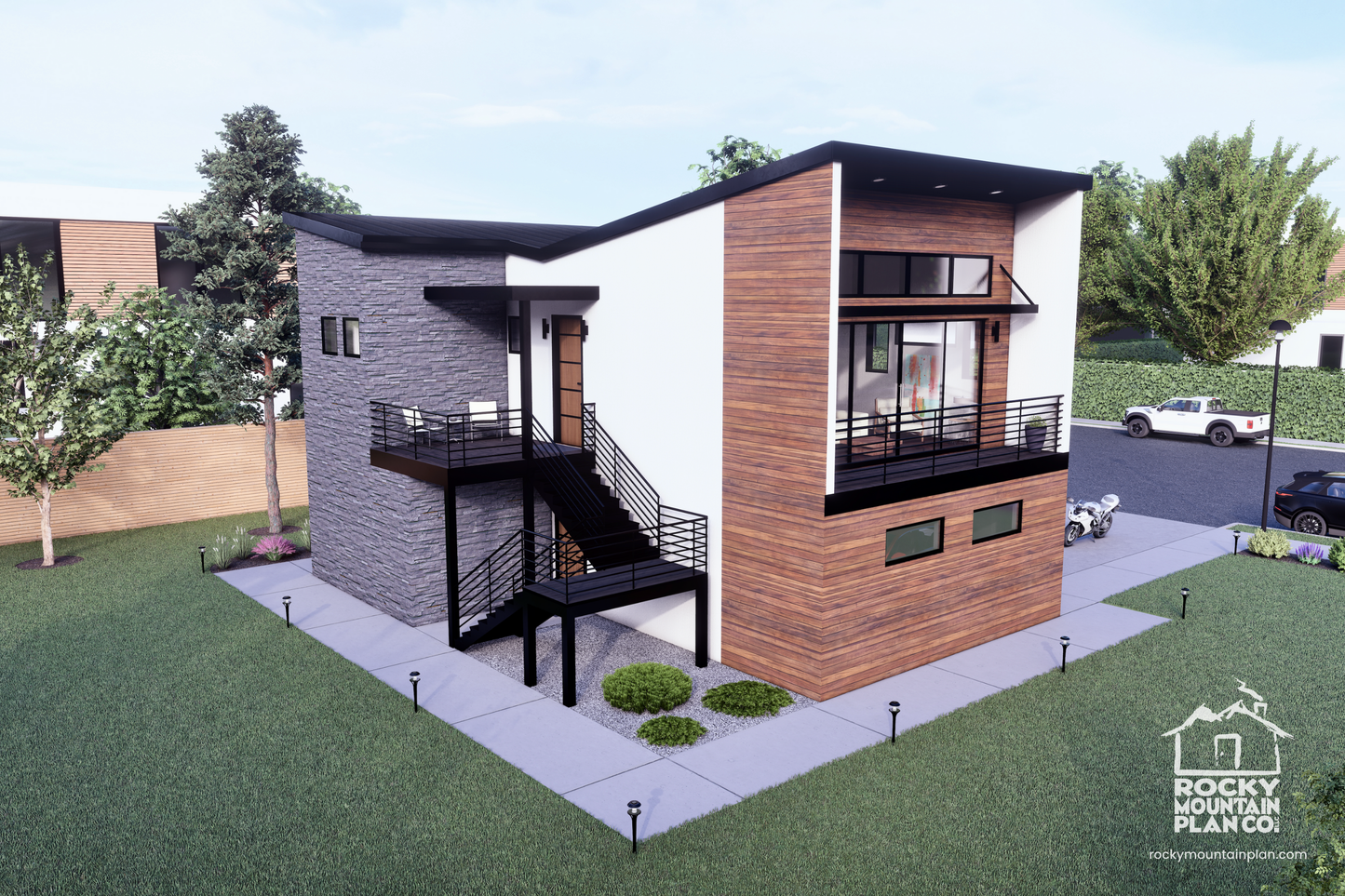 Contemporary-Carriage-House-Plan-with-Three-Car-Garage-Rear-View-Exterior-Rocky-Mountain-Plan-Company-Scarlet-Avens