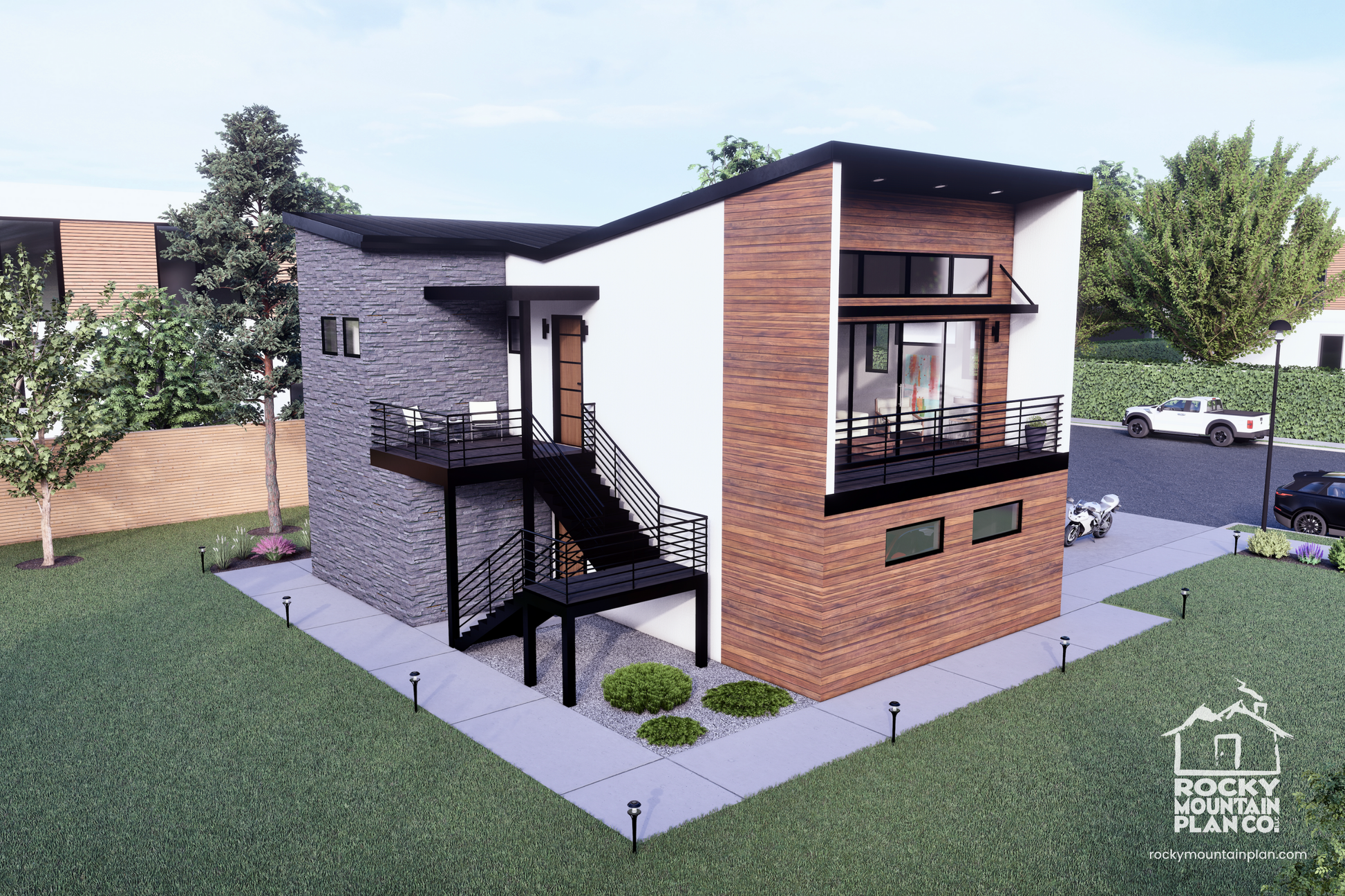 Contemporary-Carriage-House-Plan-with-Three-Car-Garage-Rear-View-Exterior-Rocky-Mountain-Plan-Company-Scarlet-Avens