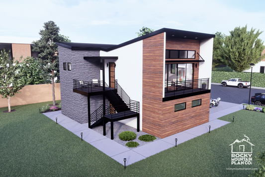 Contemporary-Carriage-House-Plan-with-Three-Car-Garage-Rear-View-Exterior-Rocky-Mountain-Plan-Company-Scarlet-Avens