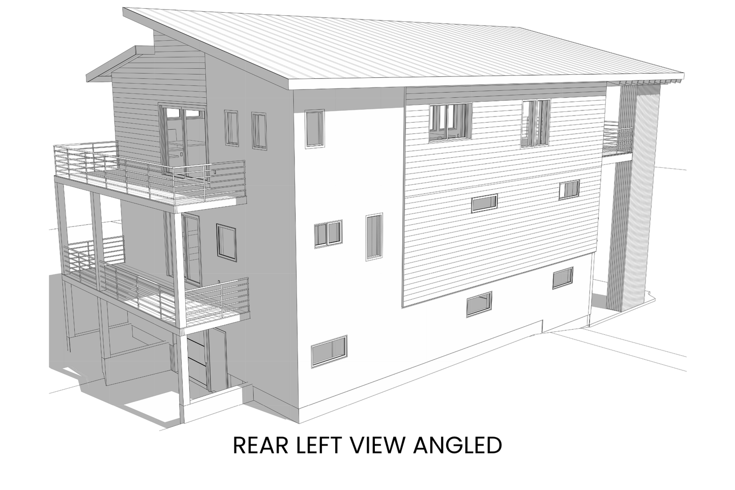 Contemporary-Drive-Under-House-Plan-for-Narrow-Sites-Rear-Left-View-Rocky-Mountain-Plan-Company-Goldfinch