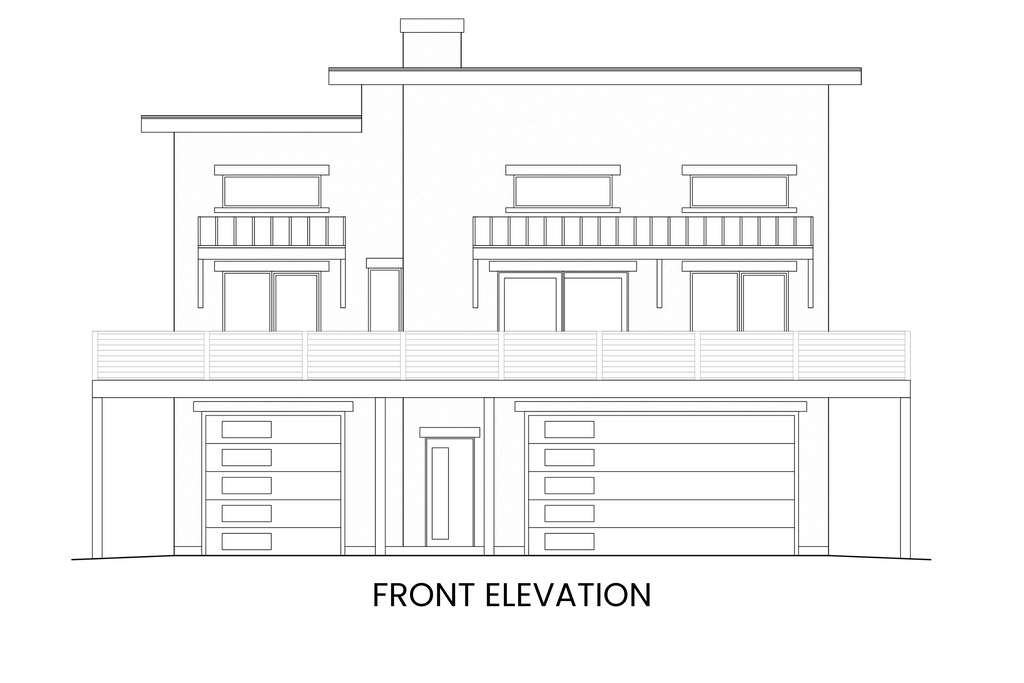 Front elevation of Bearberry showcasing its contemporary shed roof and three-car garage entrance.