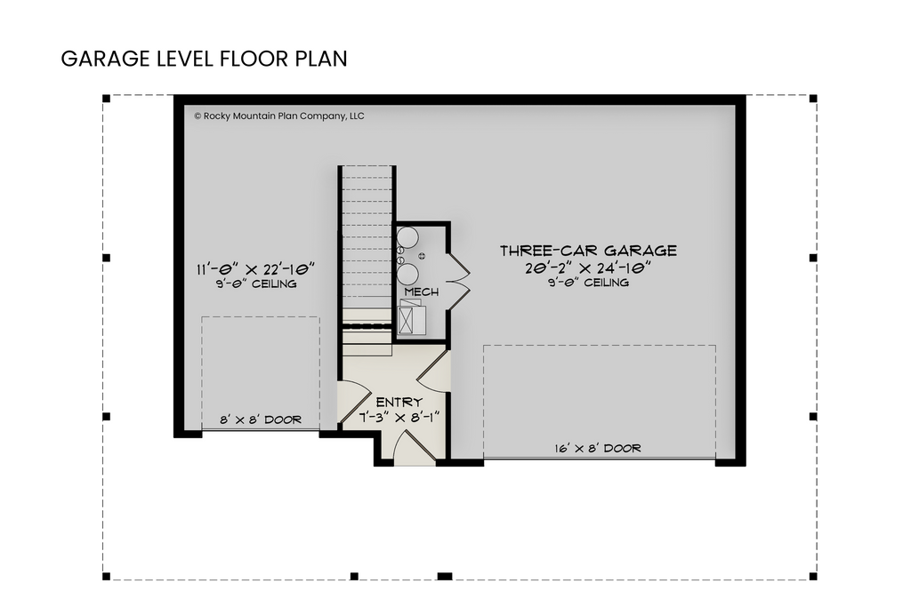 Garage level floor plan of Bearberry, showing the front-entry three-car garage with space for a workbench.
