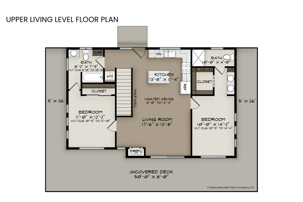 Upper level floor plan of Bearberry, including the open-concept living area, two bedrooms with private baths, and wraparound deck.