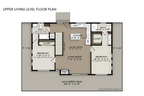 Upper level floor plan of Bearberry, including the open-concept living area, two bedrooms with private baths, and wraparound deck.