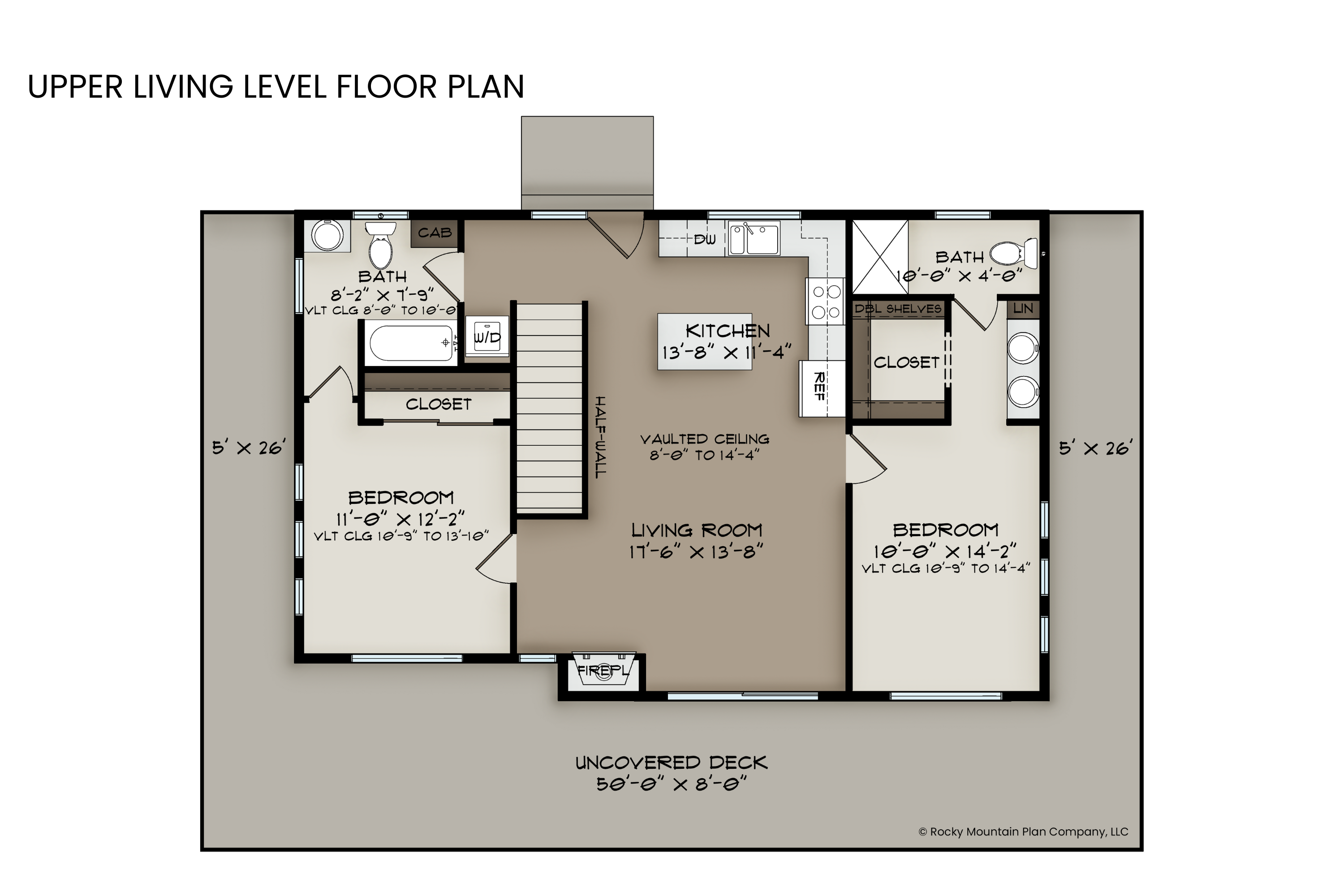 Upper level floor plan of Bearberry, including the open-concept living area, two bedrooms with private baths, and wraparound deck.