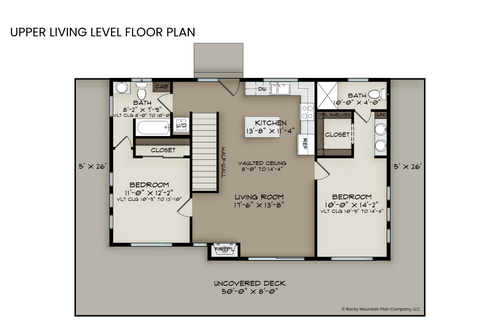 Upper level floor plan of Bearberry, including the open-concept living area, two bedrooms with private baths, and wraparound deck.