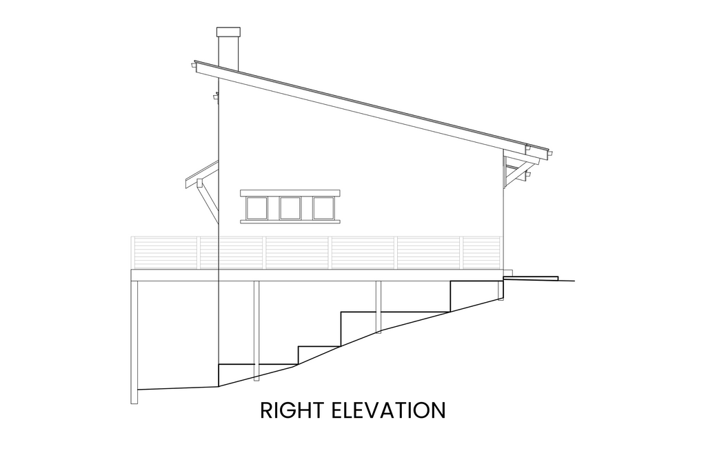 Right side elevation of Bearberry, featuring the shed roof and expansive deck extending along the side.