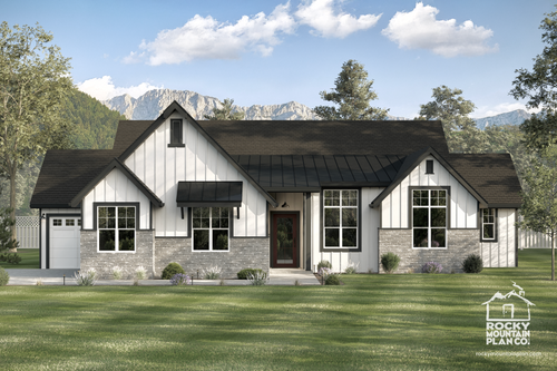 Modern farmhouse exterior with classic curb appeal and covered porch.