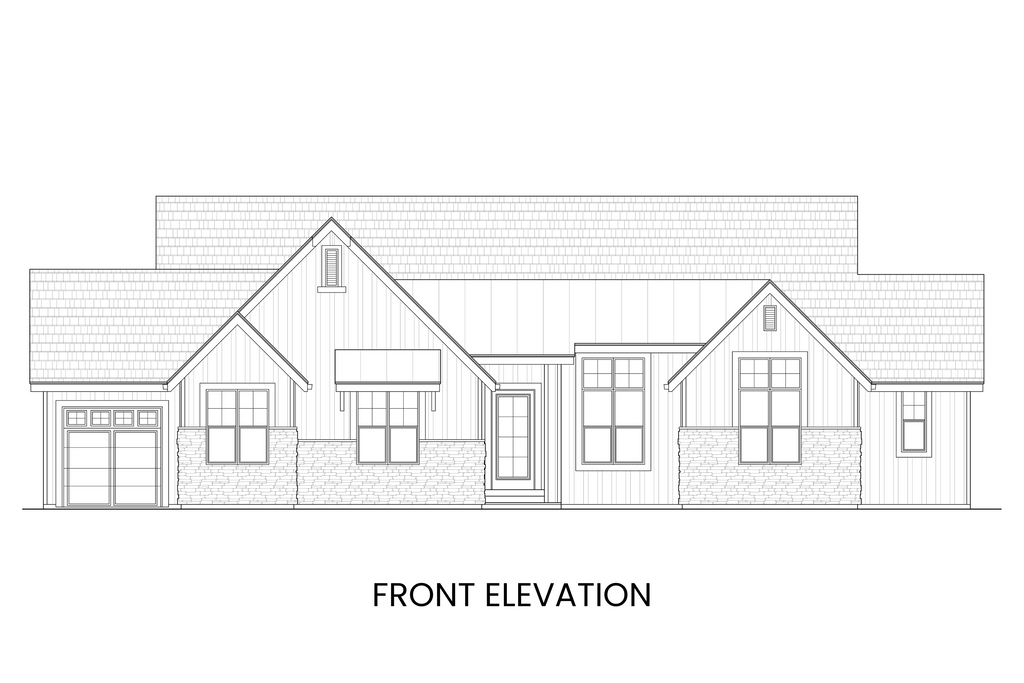 Front view showcasing modern farmhouse design and three-car garage