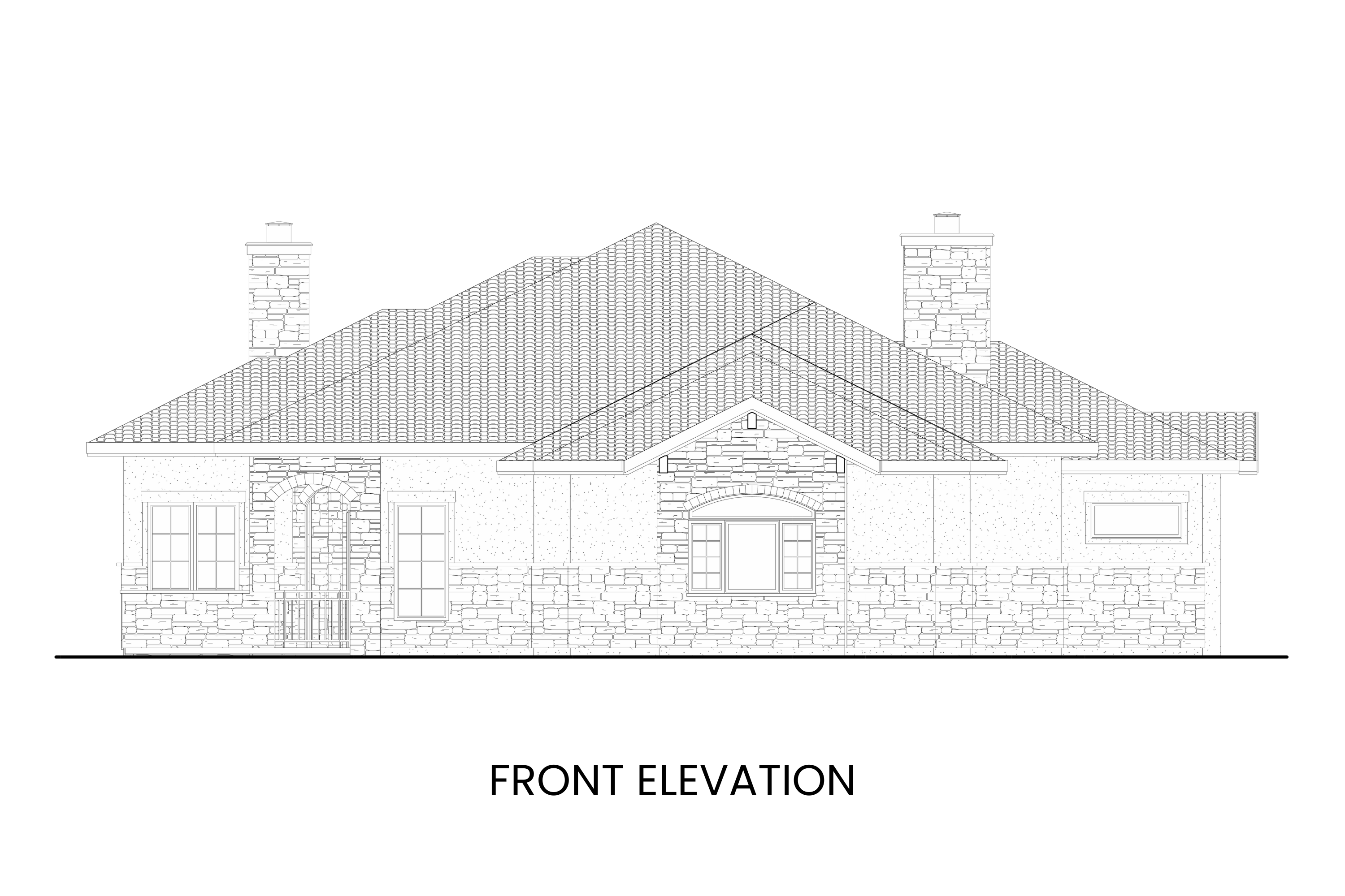 Front elevation of the Fairchild Mountain plan showcasing its Tuscan design with elegant arches and coffered rooflines.