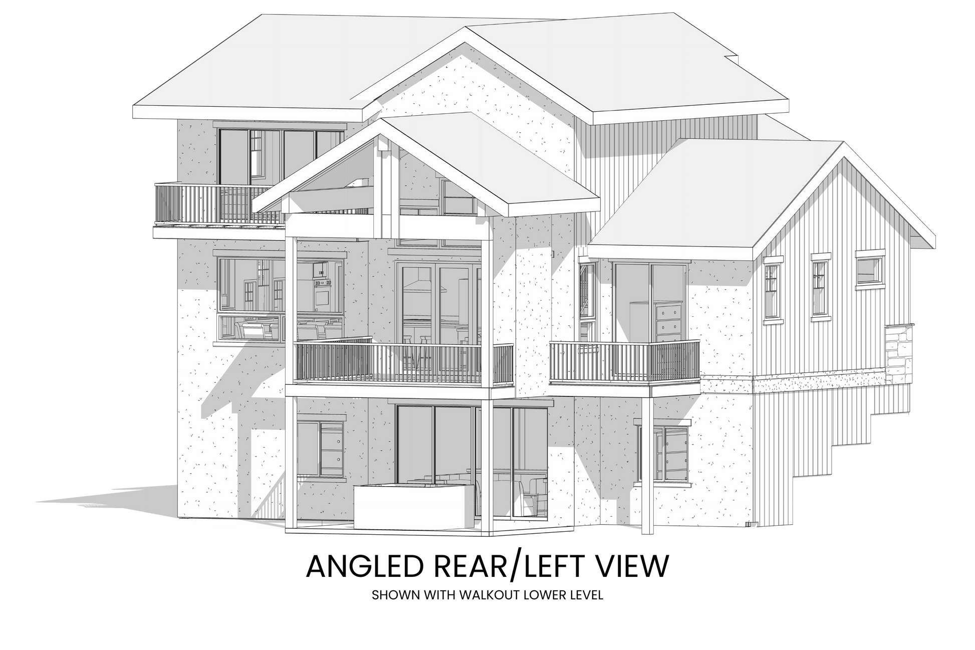 Angled view of Arctic Lupine from the rear, emphasizing the outdoor fireplace, covered deck, and multiple windows for panoramic views.
