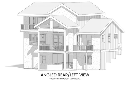 Angled view of Arctic Lupine from the rear, emphasizing the outdoor fireplace, covered deck, and multiple windows for panoramic views.