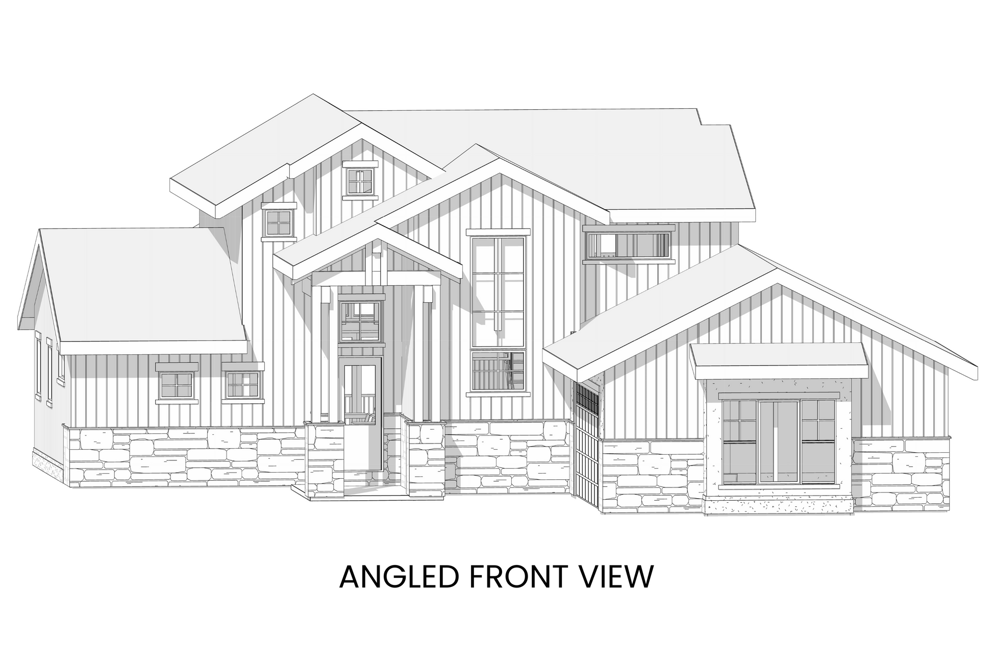 Angled view of Arctic Lupine showcasing the front exterior, highlighting the L-shaped garage and timber trusses.