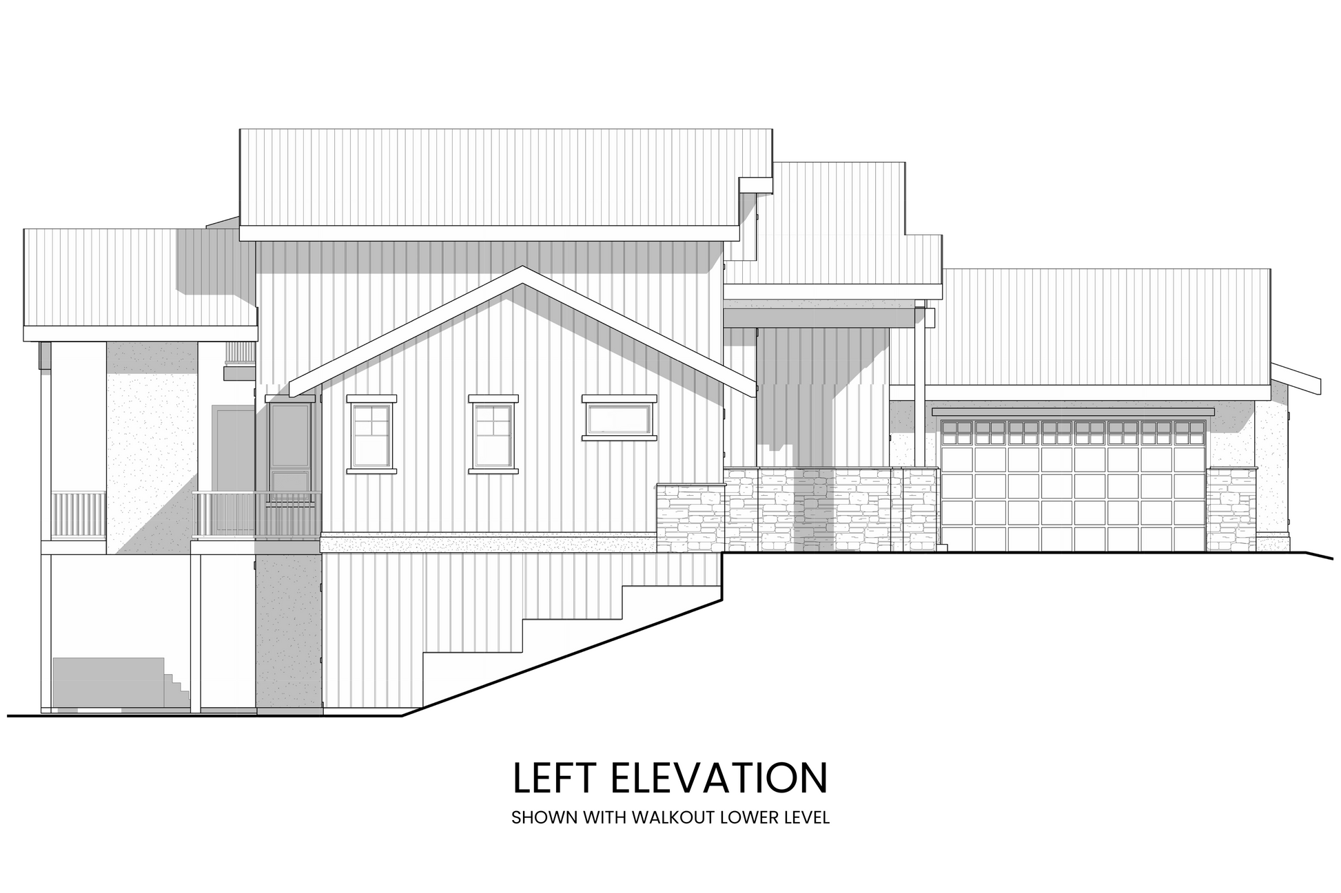 Left side elevation of Arctic Lupine displaying the L-shaped garage and the architectural details that enhance the modern lodge look.