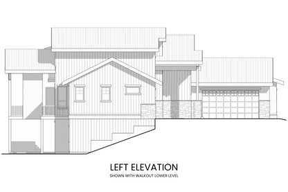 Left side elevation of Arctic Lupine displaying the L-shaped garage and the architectural details that enhance the modern lodge look.