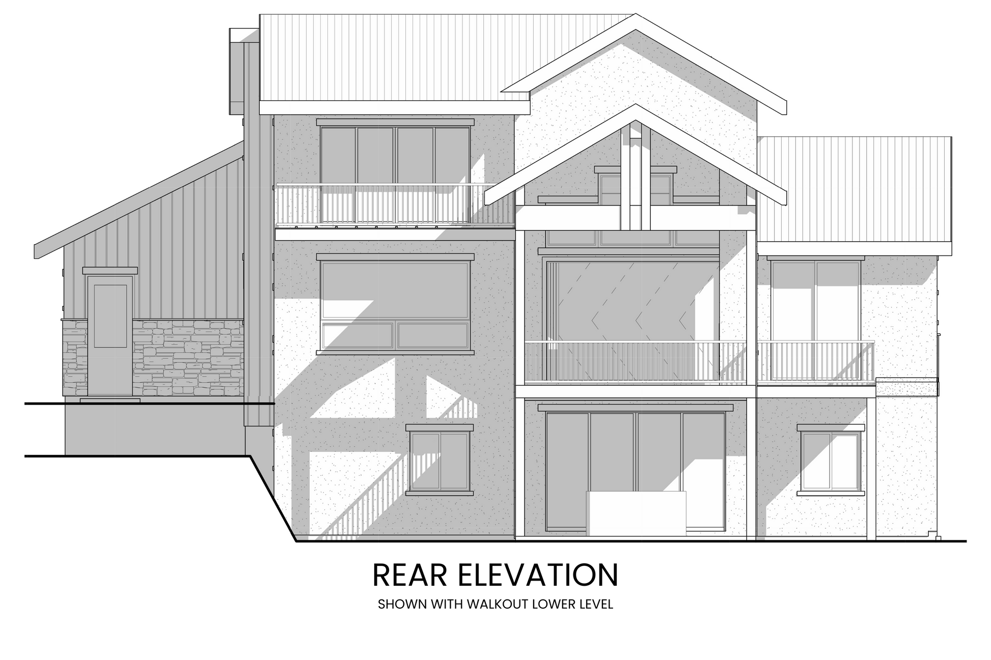 Rear elevation of Arctic Lupine highlighting the covered screened-in deck with an outdoor fireplace and multiple windows to maximize scenic views.