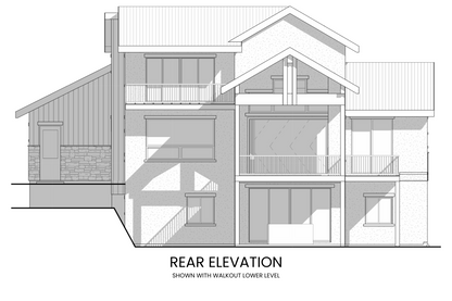 Rear elevation of Arctic Lupine highlighting the covered screened-in deck with an outdoor fireplace and multiple windows to maximize scenic views.