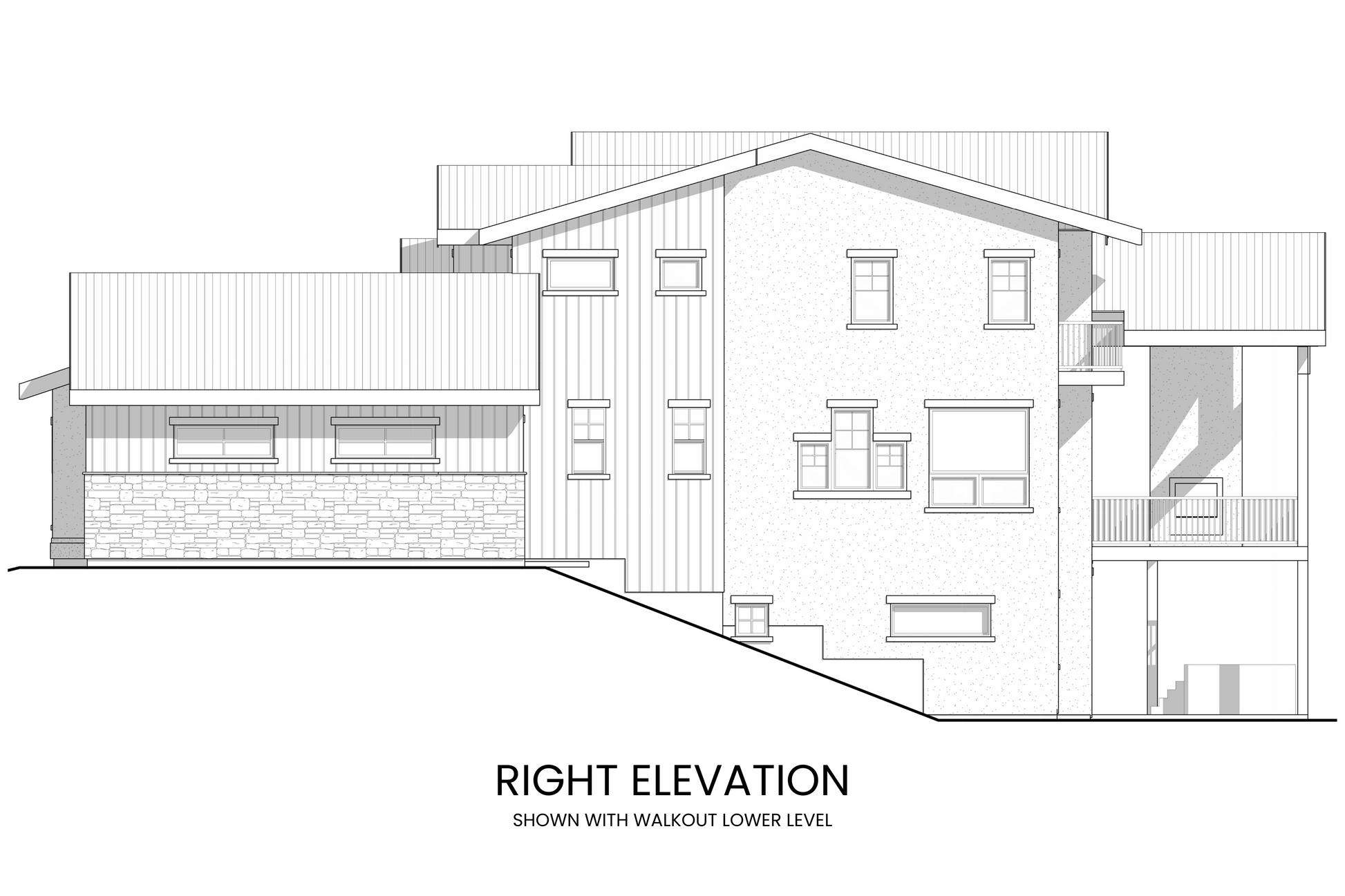 Right side elevation of Arctic Lupine, showing the balcony off the primary suite and the timber truss elements.