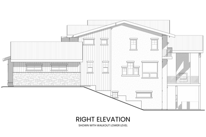 Right side elevation of Arctic Lupine, showing the balcony off the primary suite and the timber truss elements.