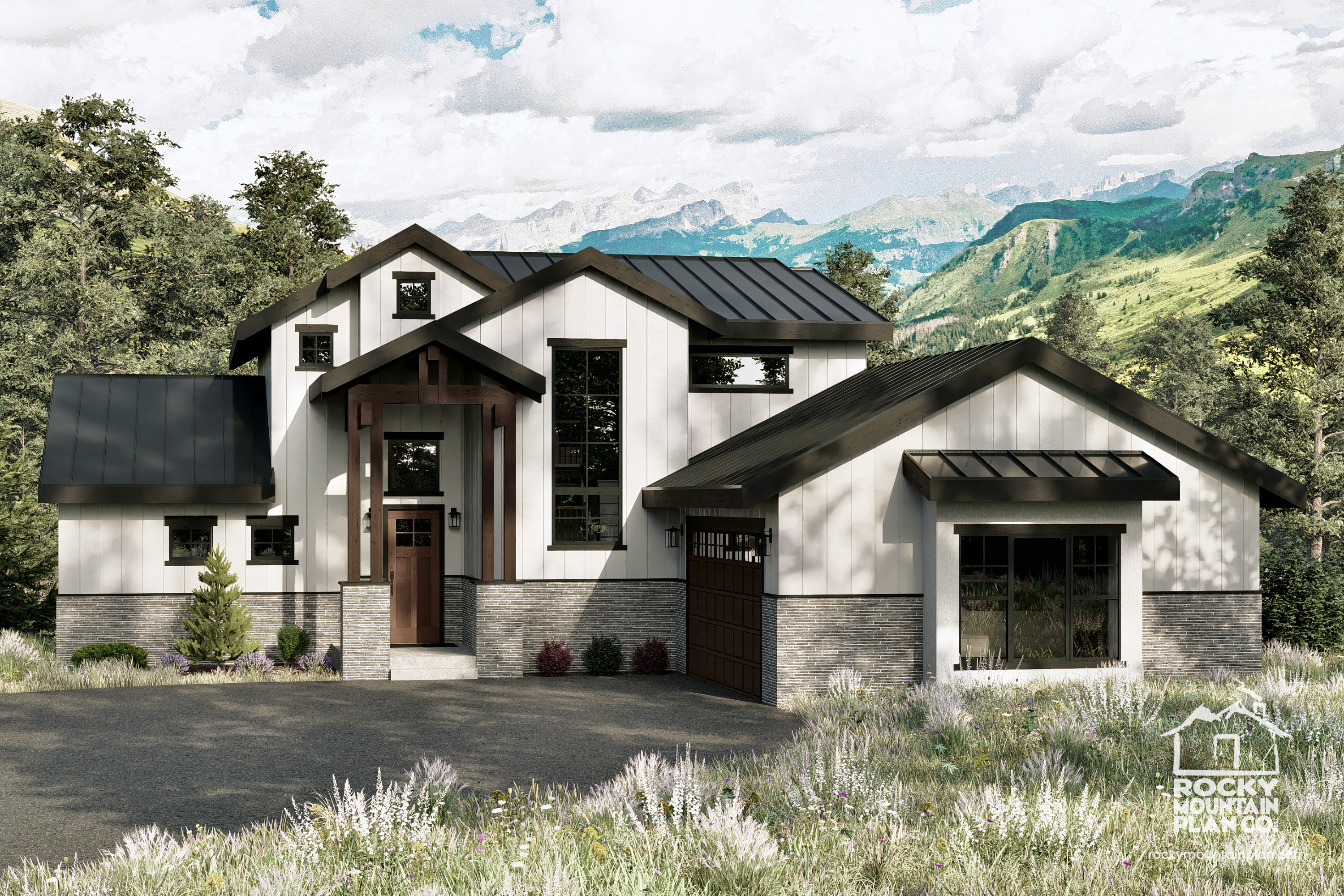 Exterior view of Arctic Lupine, a modern lodge-style home with timber trusses, vaulted ceilings, and a mountain-modern design.