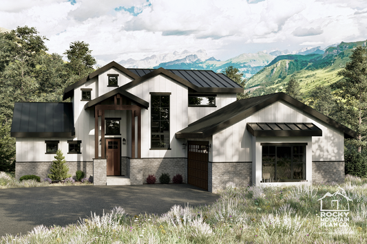 Exterior view of Arctic Lupine, a modern lodge-style home with timber trusses, vaulted ceilings, and a mountain-modern design.