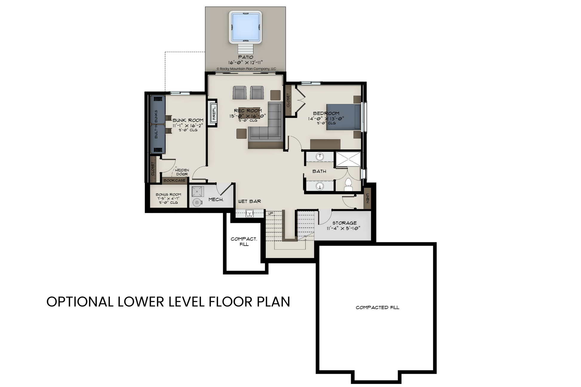 Lower level floor plan of Arctic Lupine, showcasing the optional rec room, wet bar, two additional bedrooms, and a hidden room behind a bookcase.