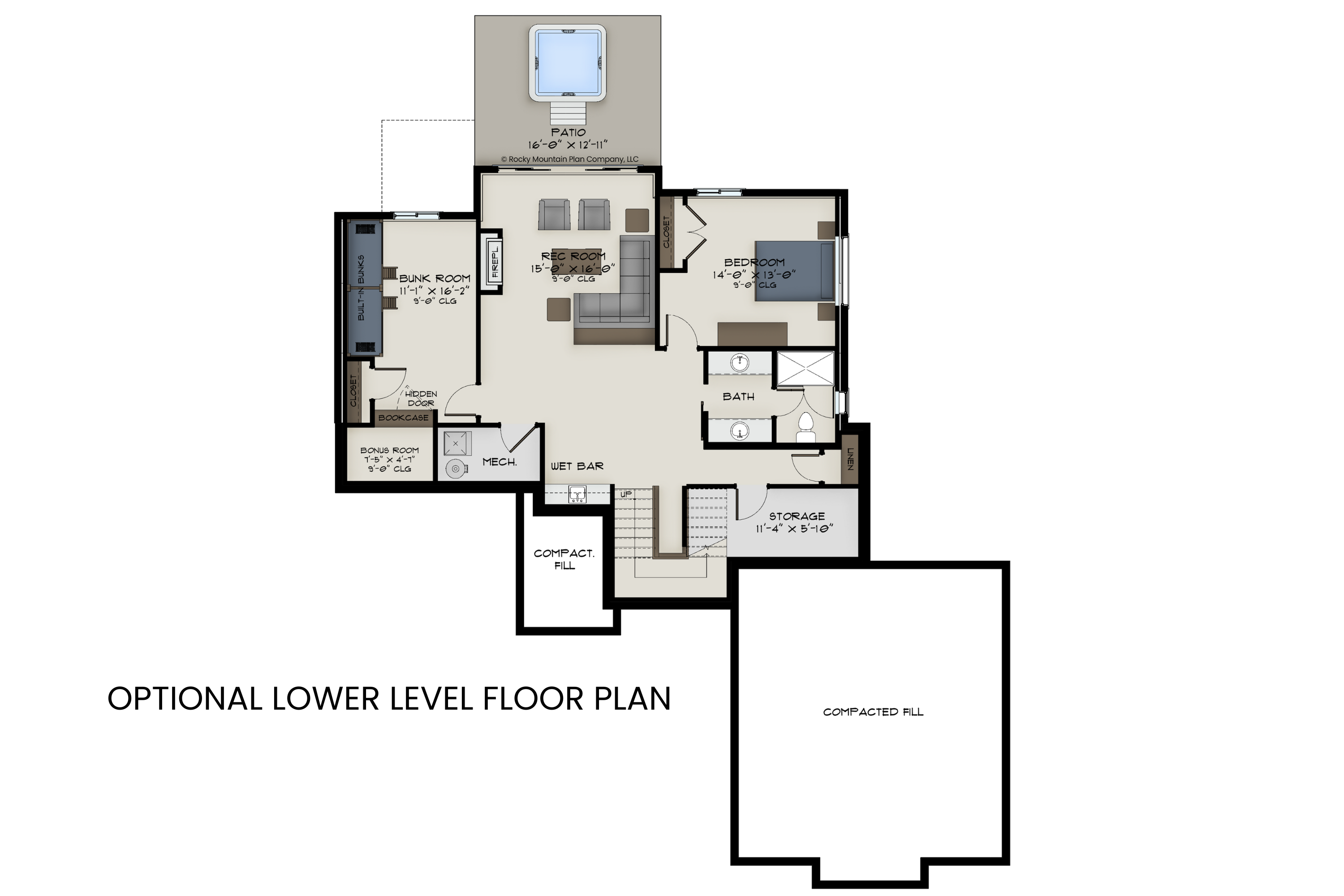 Lower level floor plan of Arctic Lupine, showcasing the optional rec room, wet bar, two additional bedrooms, and a hidden room behind a bookcase.